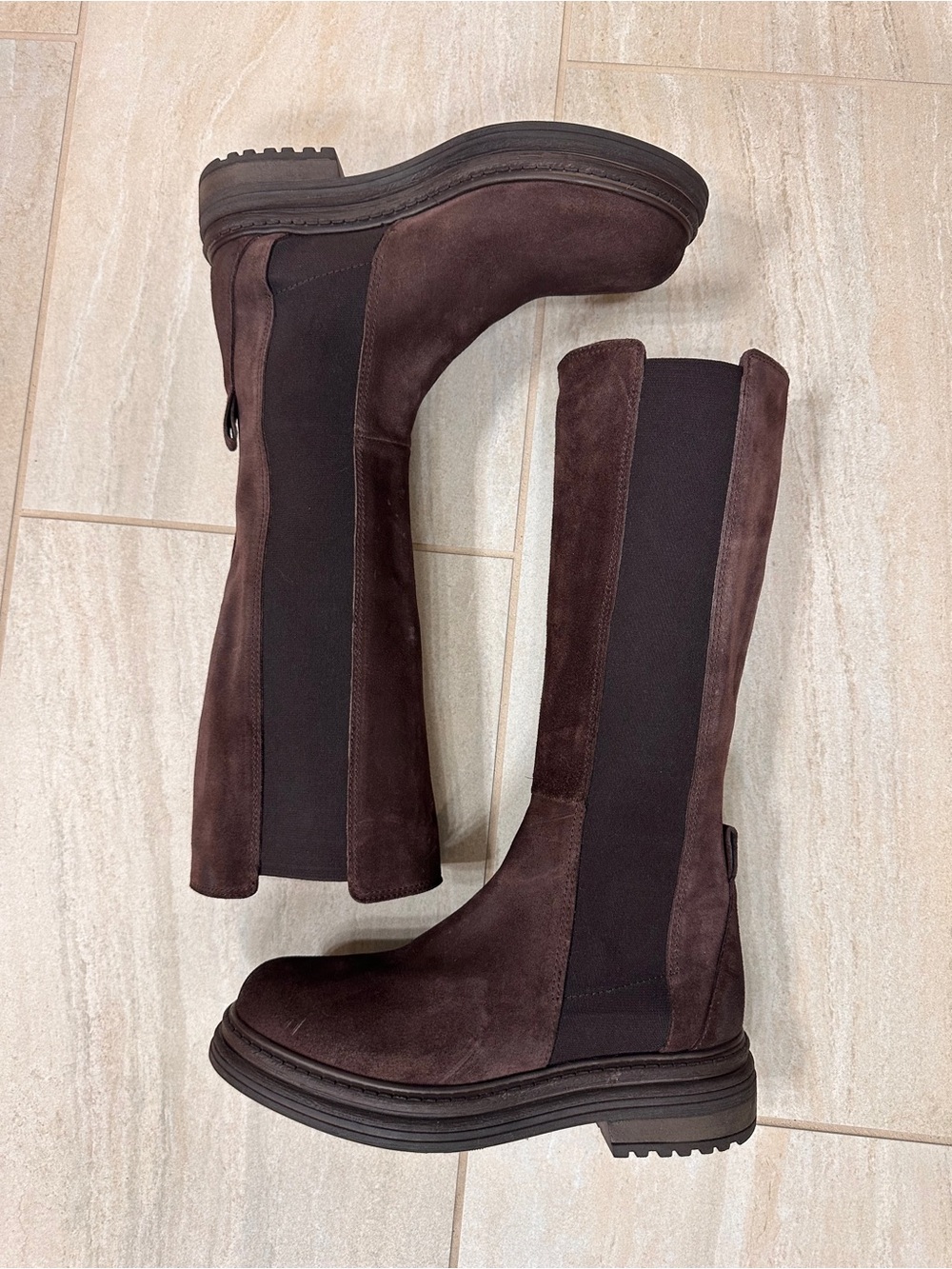 NEW Emanuele Castro Knee High Brown Suede Chelsea Boots Pull On Women’s Size 7.5